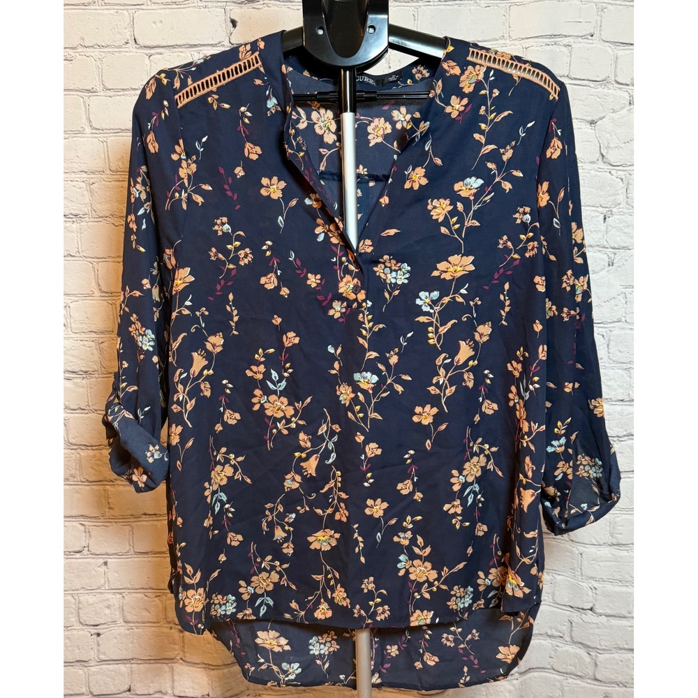 CURE Sheer Navy Blue Floral V-Neck Blouse XL Ladder Lace Trim Roll Tab Sleeve